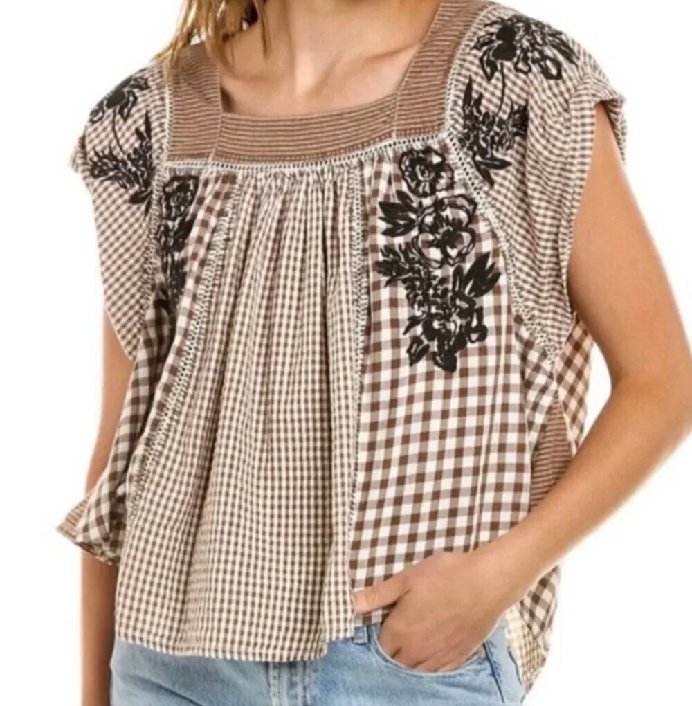 Free People We The Free Half Moon Brown Embroidered Gingham Top Sz S New